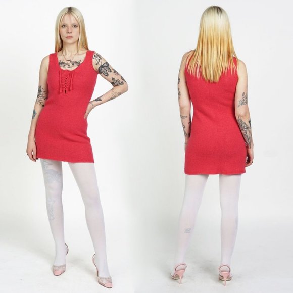 VINTAGE Hot Pink Wool Knitted Mini Dress - Picture 3 of 3